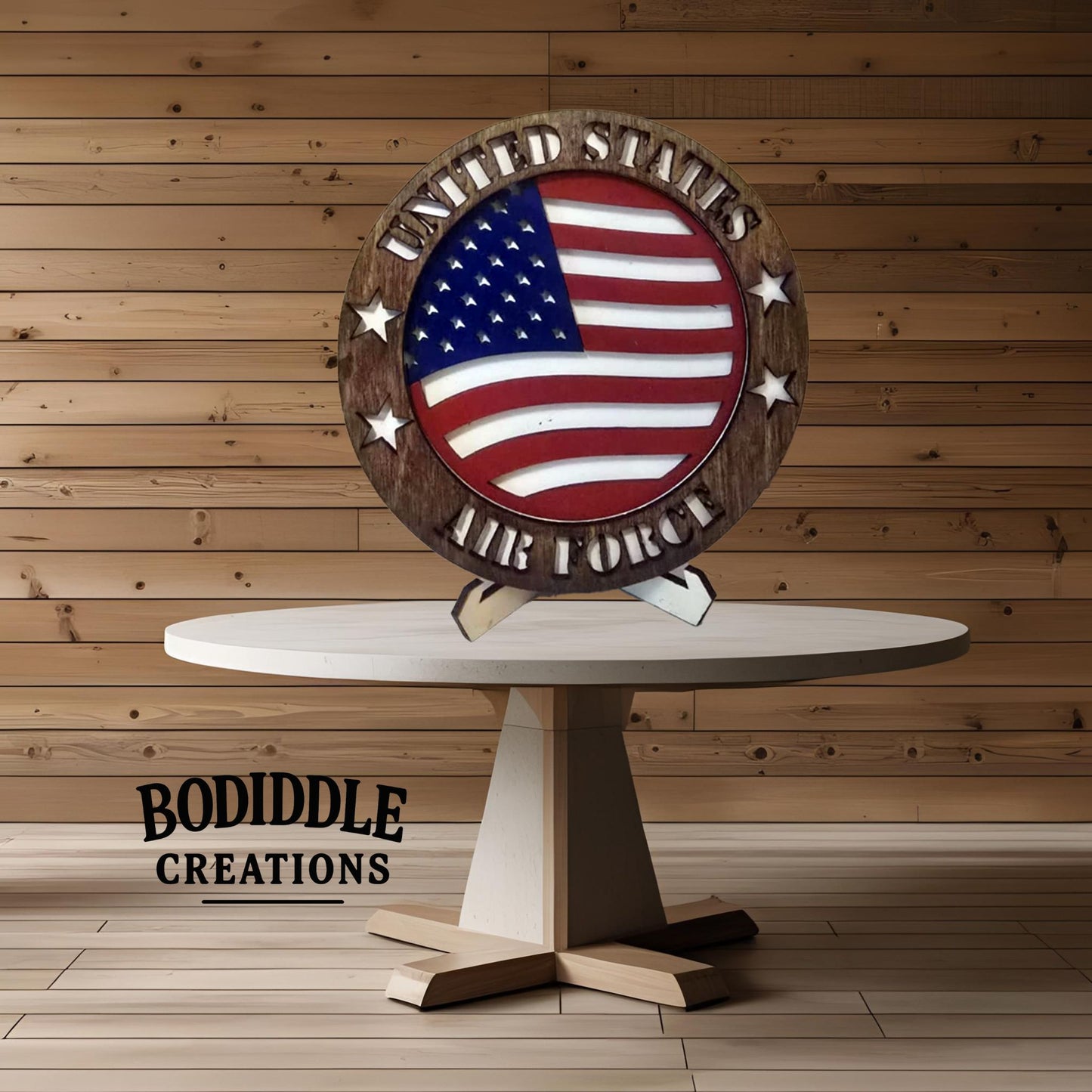Patriotic Military Branch Wooden Display – 5” Two-Layer Circle with Stand