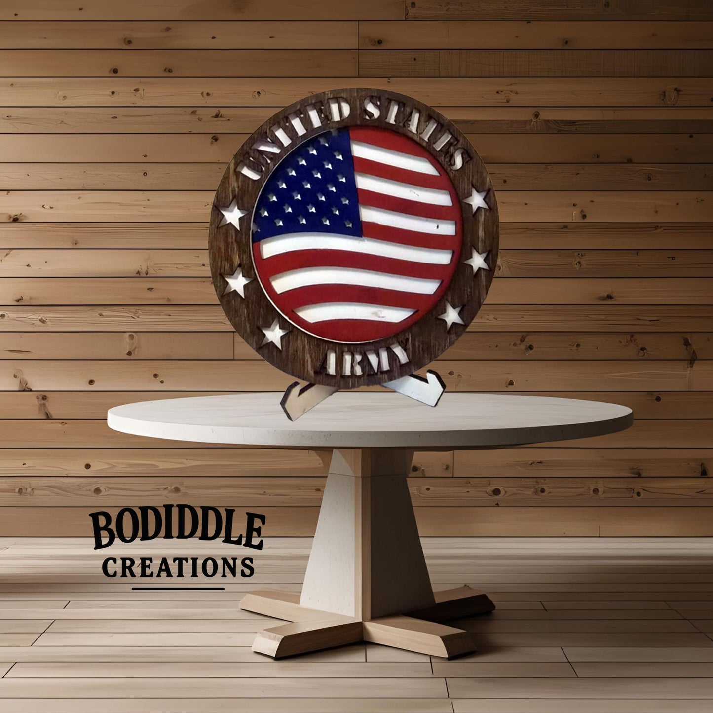 Patriotic Military Branch Wooden Display – 5” Two-Layer Circle with Stand