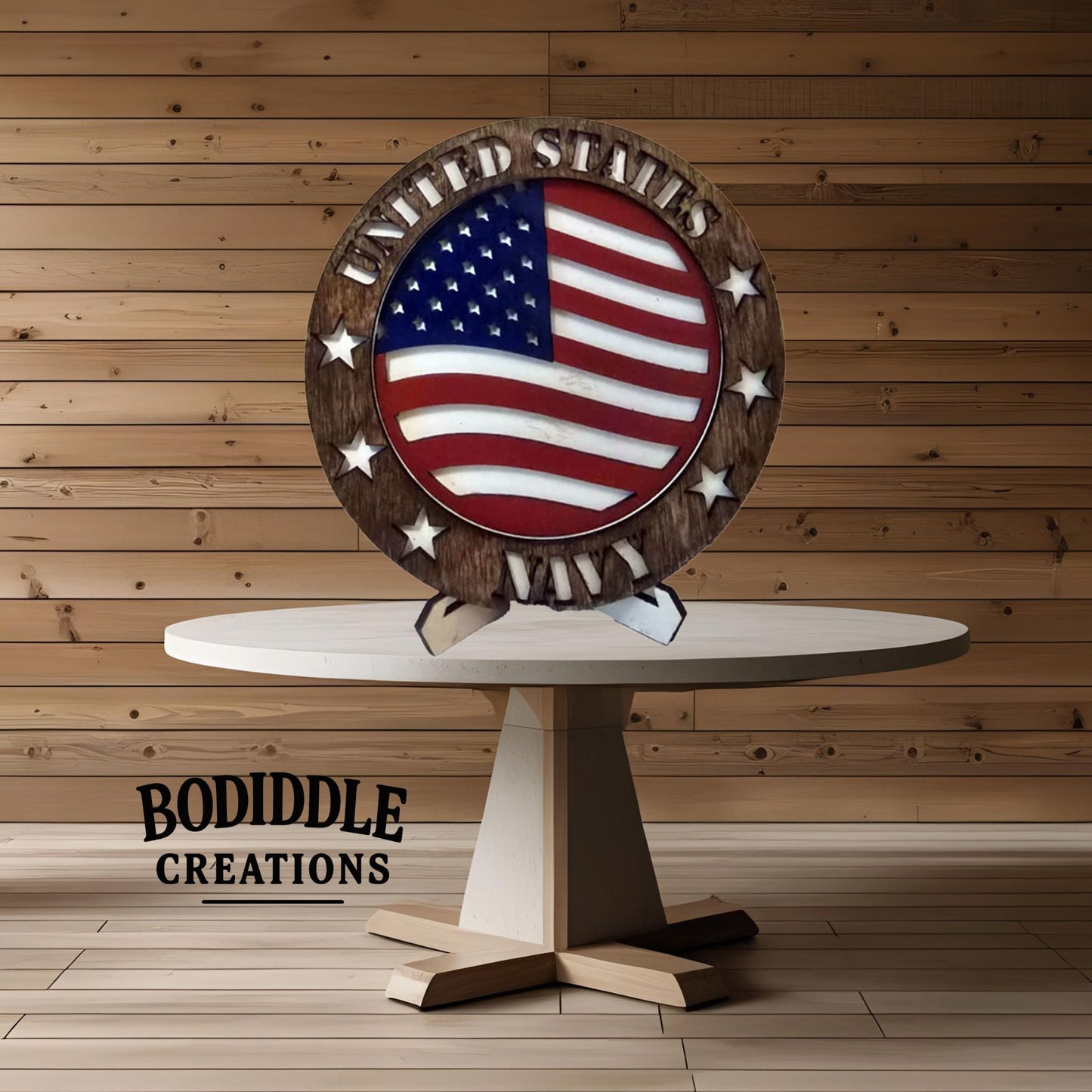 Patriotic Military Branch Wooden Display – 5” Two-Layer Circle with Stand