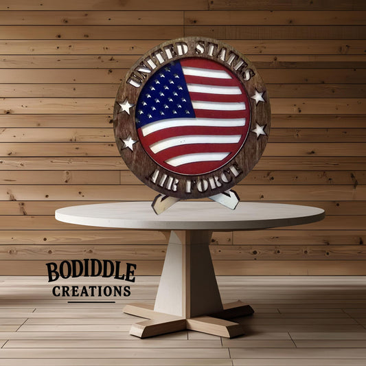 Patriotic Military Branch Wooden Display – 5” Two-Layer Circle with Stand